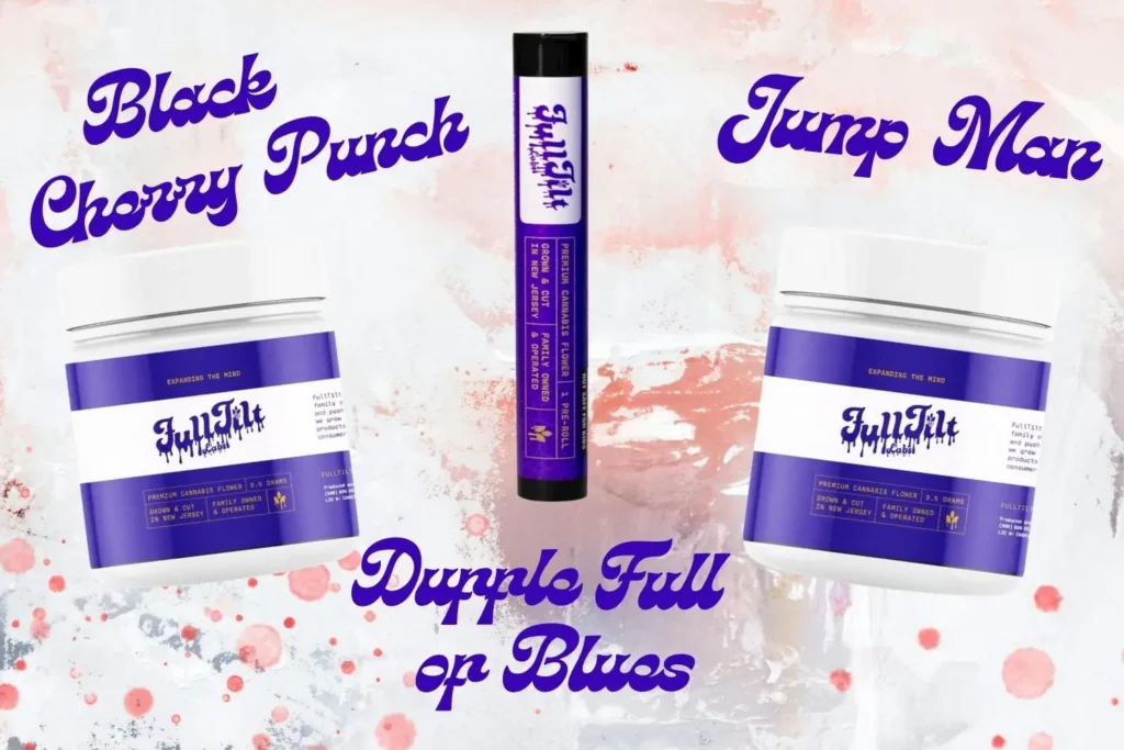 Full Tilt Labs Black Cherry Punch and Jump Man flower jars with a Duffle Full of Blues preroll at Theo Cannabis in Franklin Park, NJ.