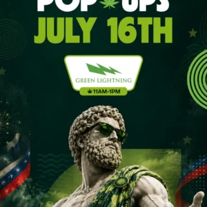 Theo Cannabis hosts a Green Lightning brand pop-up on July 16th from 11AM to 1PM, shown in a vertical flyer with a sunglasses-wearing classical statue