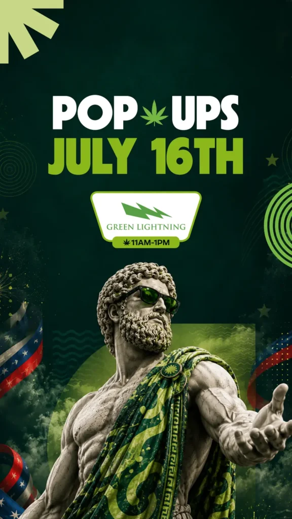Theo Cannabis hosts a Green Lightning brand pop-up on July 16th from 11AM to 1PM, shown in a vertical flyer with a sunglasses-wearing classical statue