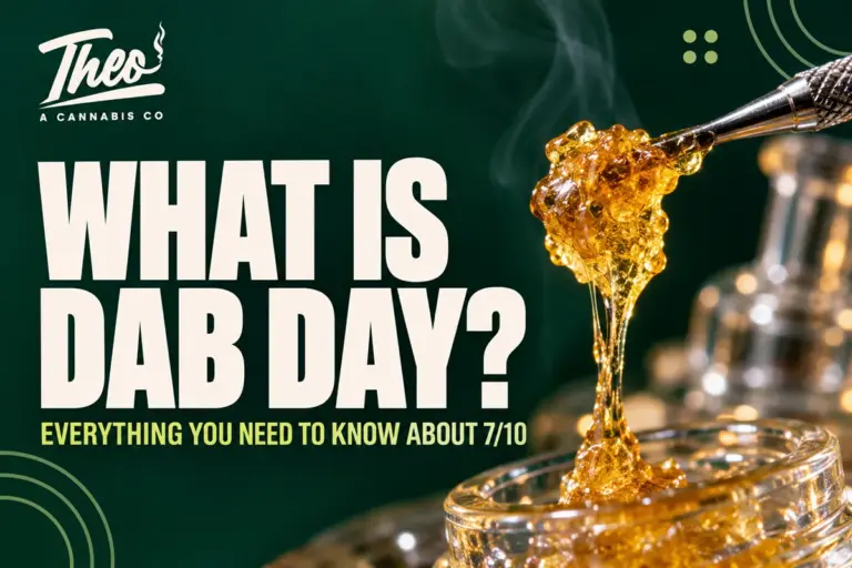 Close-up of sticky amber concentrate dripping from a metal dab tool into a glass jar, for Theo’s guide to 7/10 Dab Day