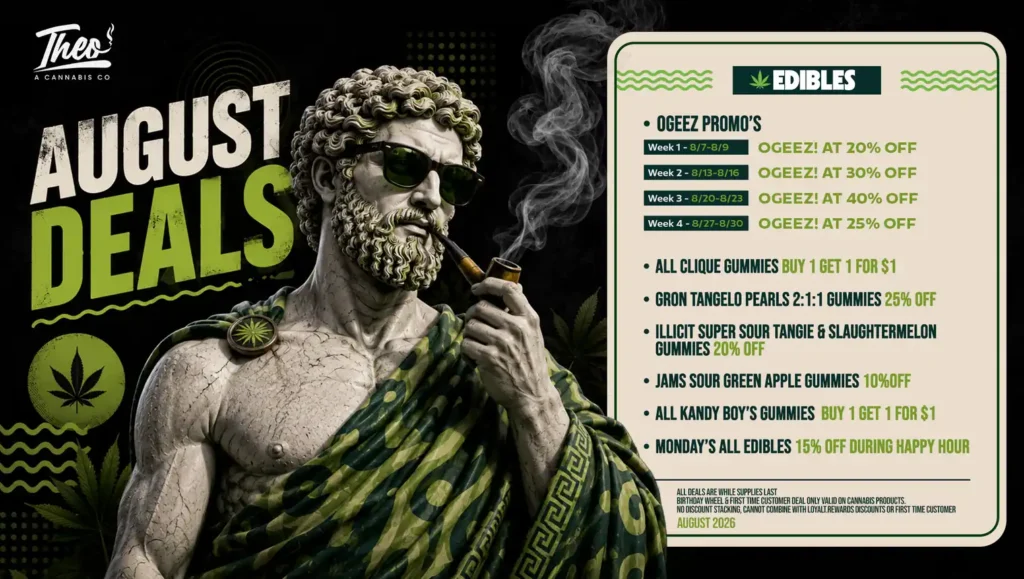 Theo's August 2026 edibles lineup, built around a four-week OGEEZ! promo schedule plus gummy bundles.