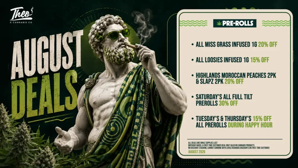 Pre-roll specials for August 2026 at Theo, including infused singles and weekday happy hour discounts.