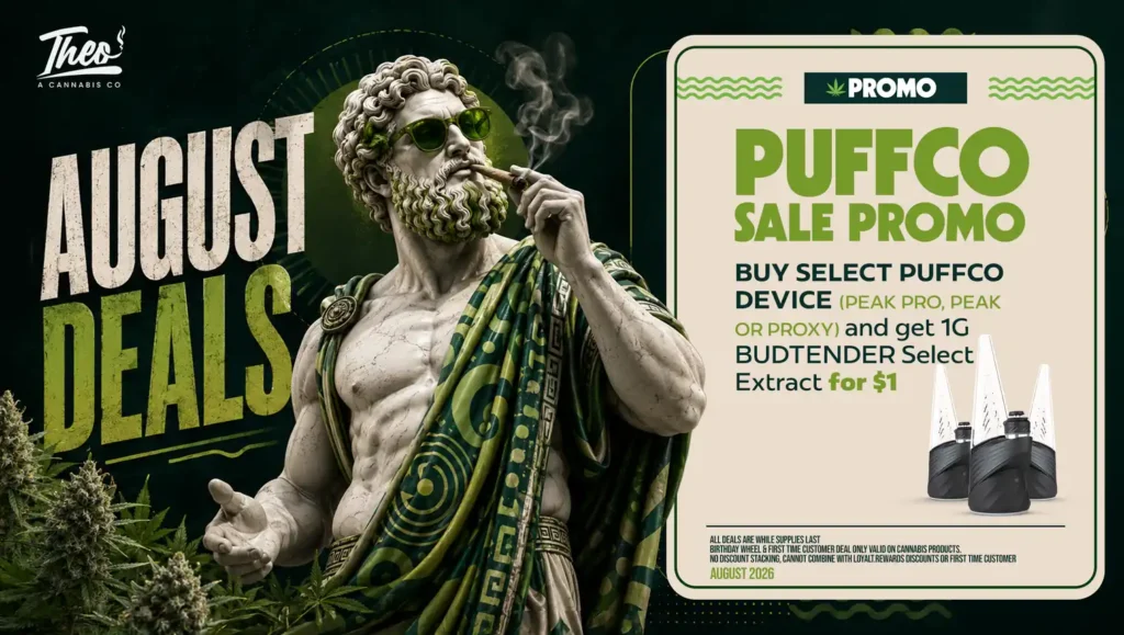 Puffco promo at Theo: buy a Peak Pro, Peak or Proxy device and add a 1g budtender-select extract for $1.