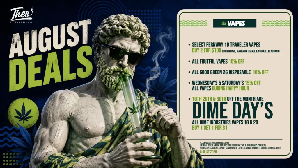 August 2026 vape deals at Theo, with Dime Day's falling on the 10th, 20th and 30th of the month.