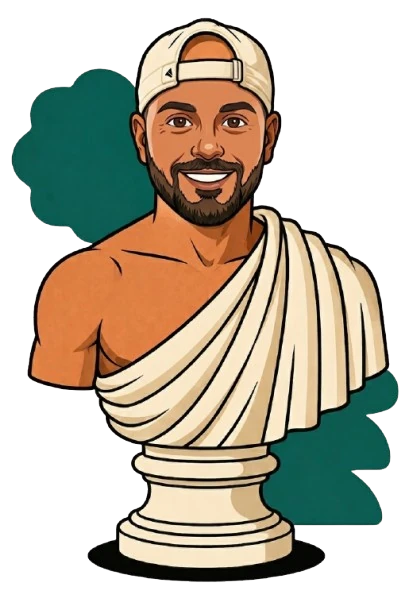 Illustrated Greek marble bust wearing a backwards baseball cap, cartoon-style avatar for budtender Marlen