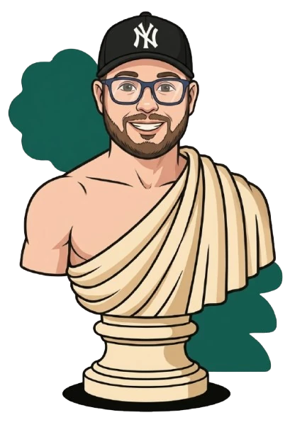 Illustrated Greek marble bust wearing a New York Yankees cap and glasses, cartoon-style avatar for budtender Nick