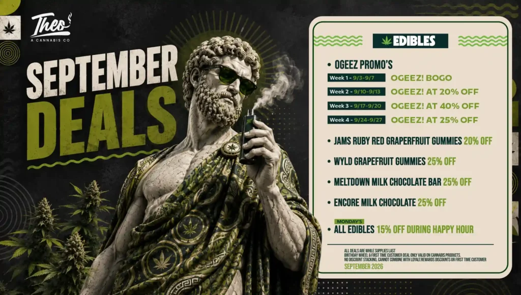 Theo runs a month-long Ogeez countdown here, sliding from BOGO in week one down through 40% off by week three, alongside standing discounts on Wyld and Jams gummies.