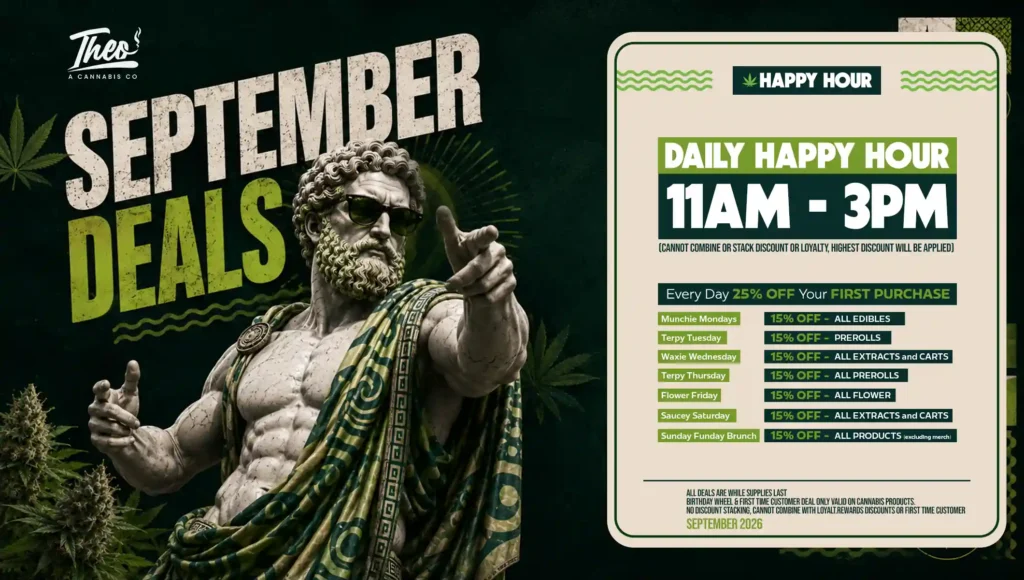 Theo's daily happy hour breaks down by day of the week — Munchie Mondays for edibles, Waxie Wednesdays for extracts, Flower Fridays — all running 11am to 3pm with 25% off any first purchase.