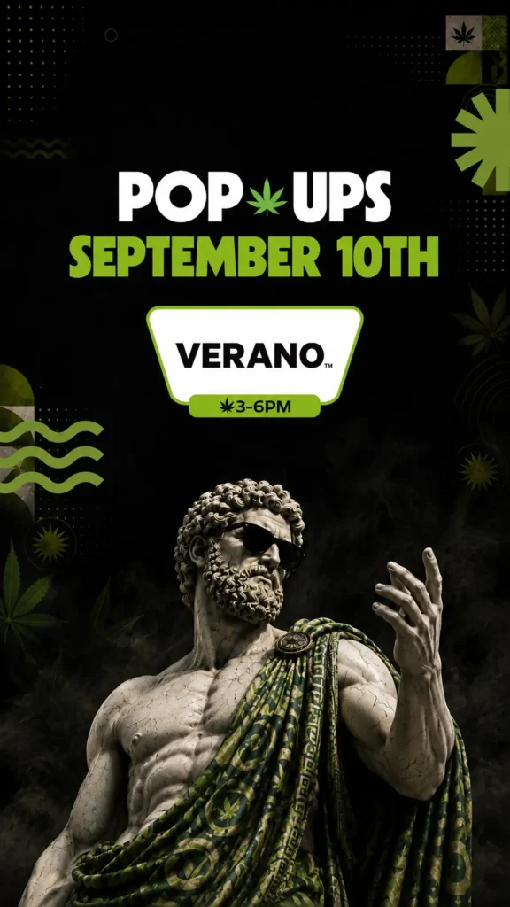 Pop-Ups September 10th flyer for Verano, 3-6PM, marble statue in sunglasses gesturing with raised hand against black background with green accents