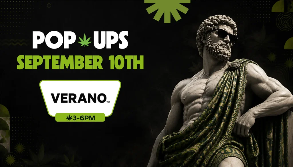 Theo Cannabis Co. pop-up event banner for September 10th featuring the Verano brand, running 3–6PM, on a black background with a classical statue wearing sunglasses