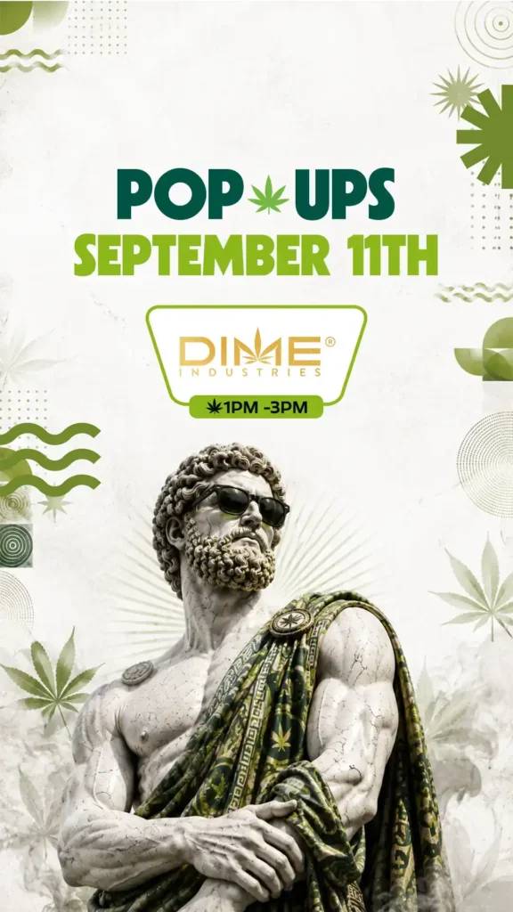 Dime Industries rolls into Theo for a two-hour takeover — gold branding shines above the statue's shoulder for this September 11th pop-up, open 1PM to 3PM.