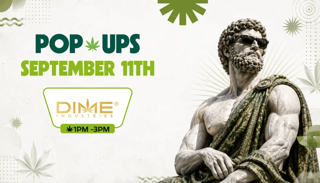 Dime Industries pop-up on September 11th, 1PM – 3PM, gold logo on a bright marble-textured background