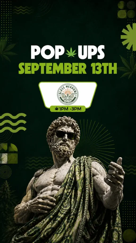 Pop-up flyer for Glass Meadows New Jersey on September 13th, 1PM-3PM, set against a deep green textured background; the statue clenches one fist near its chest while cannabis leaf icons frame the edges
