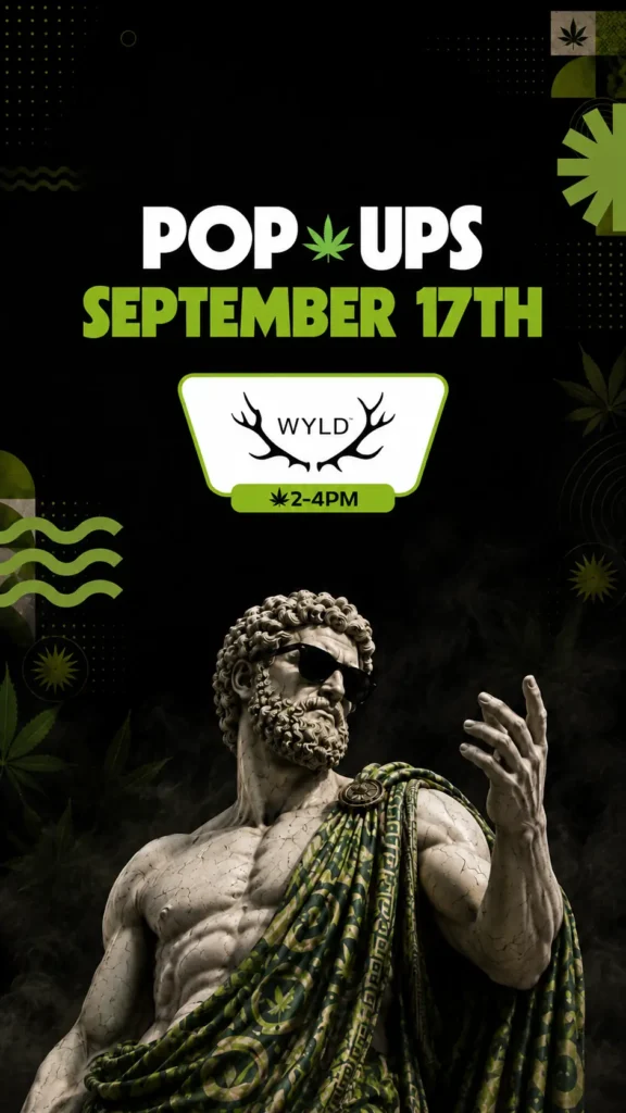 Dark Pop-Up flyer announcing WYLD's September 17th event from 2-4PM; a bearded marble statue in sunglasses lifts one hand with fingers spread, a green geometric-patterned toga draped over its shoulder
