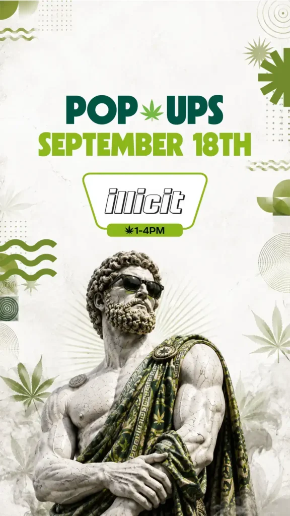 A toga-draped statue gazes upward in shades, marking the Illicit pop-up on September 18th from 1 to 4PM against a pale stone backdrop scattered with leaf silhouettes.