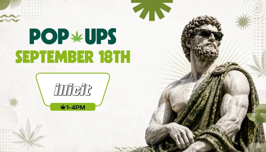A toga-draped statue gazes upward in shades, marking the Illicit pop-up on September 18th from 1 to 4PM against a pale stone backdrop scattered with leaf silhouettes.