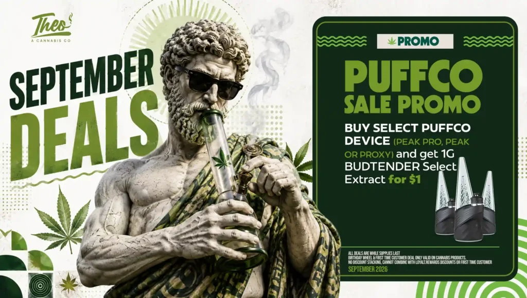 Smoke curls from a glass piece in the statue's hand, framing Theo's Puffco promo: grab a Peak Pro, Peak, or Proxy and walk away with a $1 gram of Budtender Select extract.