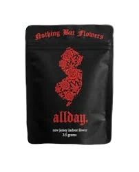 Allday brand cannabis flower package, matte black pouch with red New Jersey state silhouette and floral vine graphic, 'Nothing But Flowers' tagline, New Jersey indoor flower, 3.5 grams