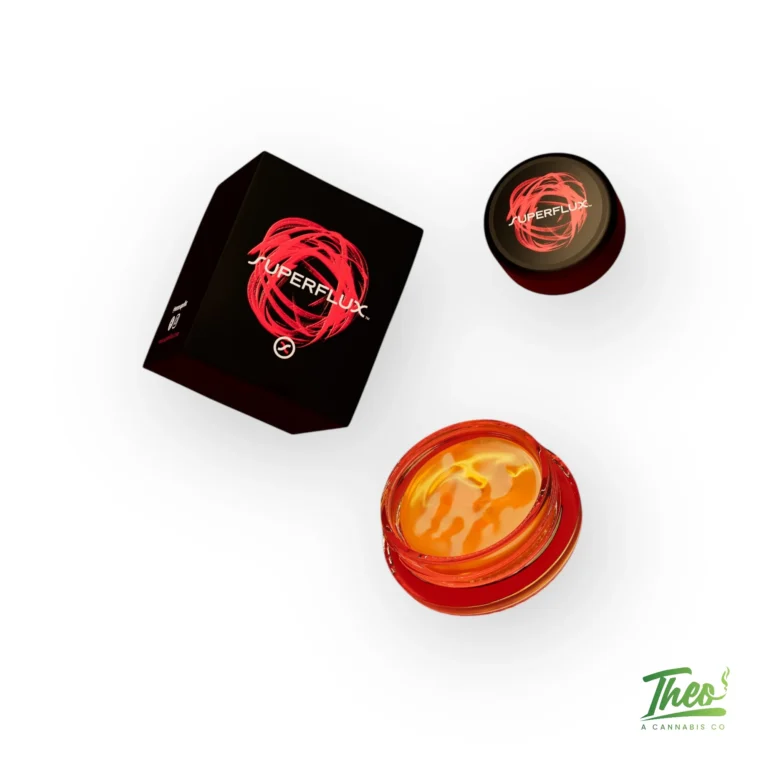Superflux Cake at the Zoo cured resin, black box with red swirl logo beside open red jar showing orange budder texture, sold at Theo cannabis dispensary in Franklin Park NJ