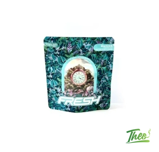 Fresh brand Warheadz 3.5g sativa flower pouch featuring botanical clock design, Theo Franklin Park dispensary