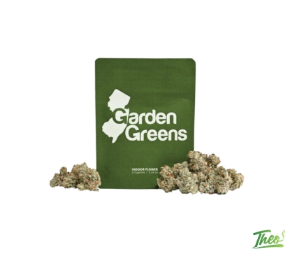 Garden Greens Blue Taffeze indoor flower, dark green branded pouch with New Jersey logo beside loose cannabis buds, sold at Theo cannabis dispensary