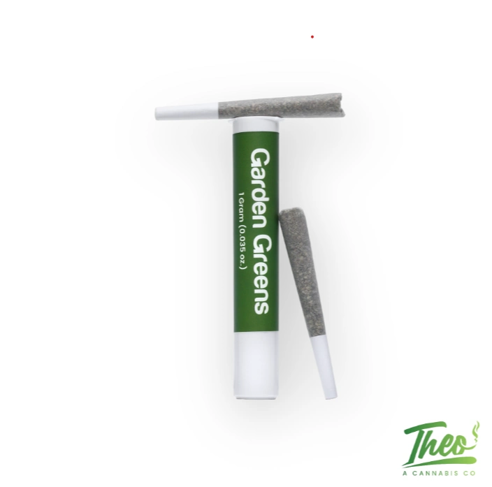 Garden Greens Oishii #13 1g pre-roll, green branded tube beside two rolled joints on white background, available at Theo NJ