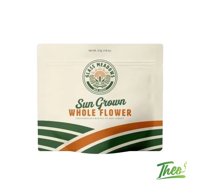 Glass Meadows GG4 3.5g cannabis flower pouch, sun-grown indica sold at Theo