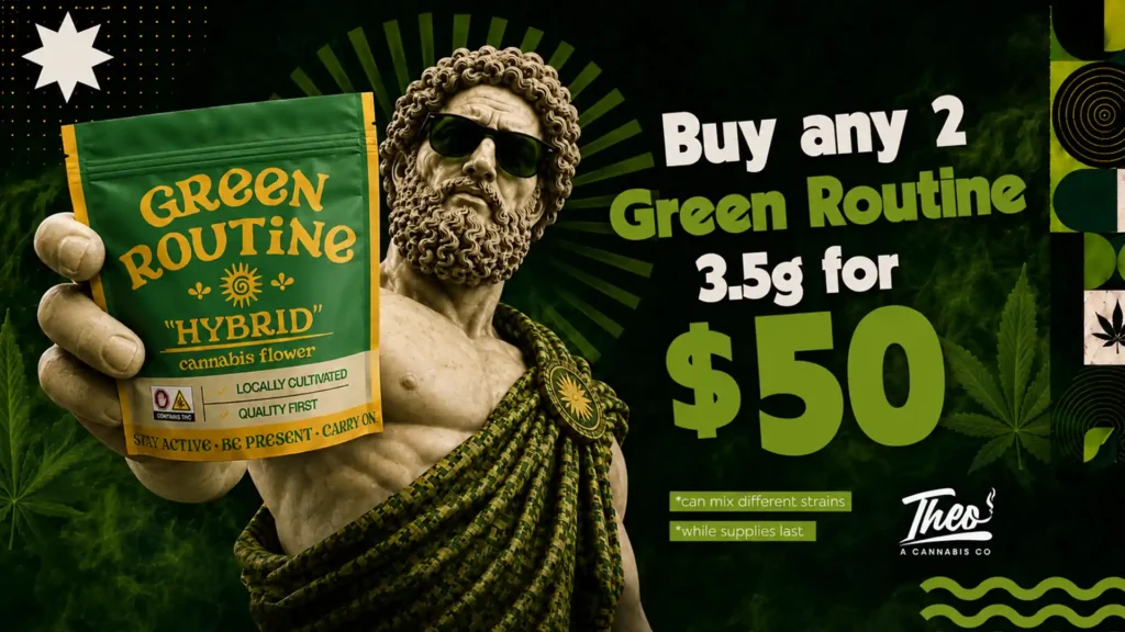 Theo promo banner: buy any 2 Green Routine 3.5g cannabis flower for $50. A marble statue in sunglasses holds up a green and gold Green Routine hybrid pouch
