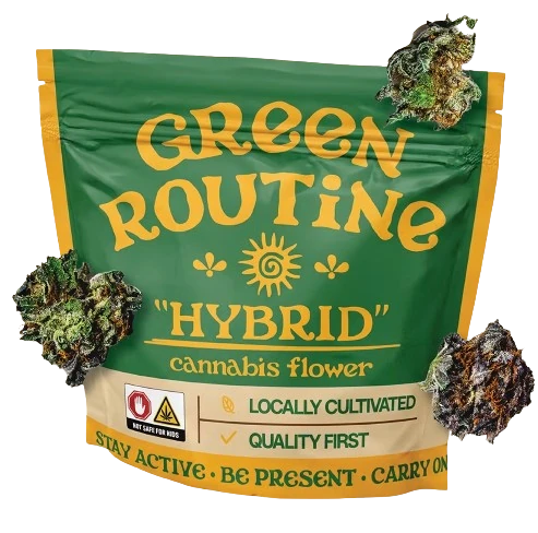 Green Routine Hybrid cannabis flower package, green and yellow pouch with sun logo and cannabis bud imagery in the corners, 'Locally Cultivated' and 'Quality First' badges, tagline 'Stay Active, Be Present, Carry On'
