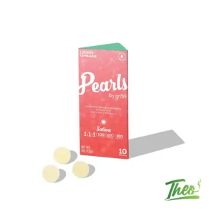 Grön Pearls Lychee Limeade cannabis gummy box, coral pink packaging with teal accent and three round pearl gummies beside it, 1:1:1 THC:THCV:CBC ratio, sold at Theo cannabis dispensary in Franklin Park NJ