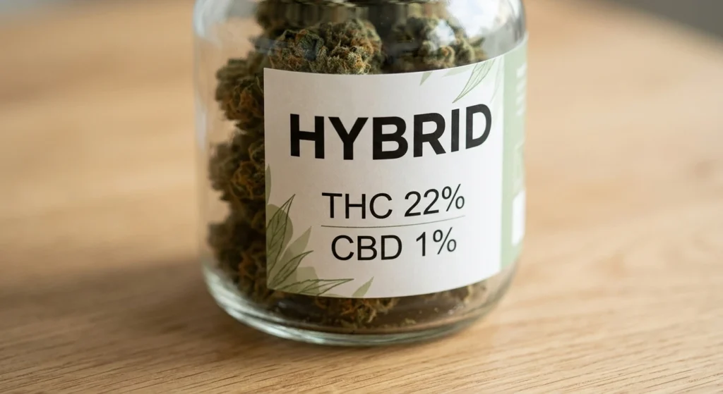 Example cannabis product label showing hybrid strain classification with THC and CBD percentages