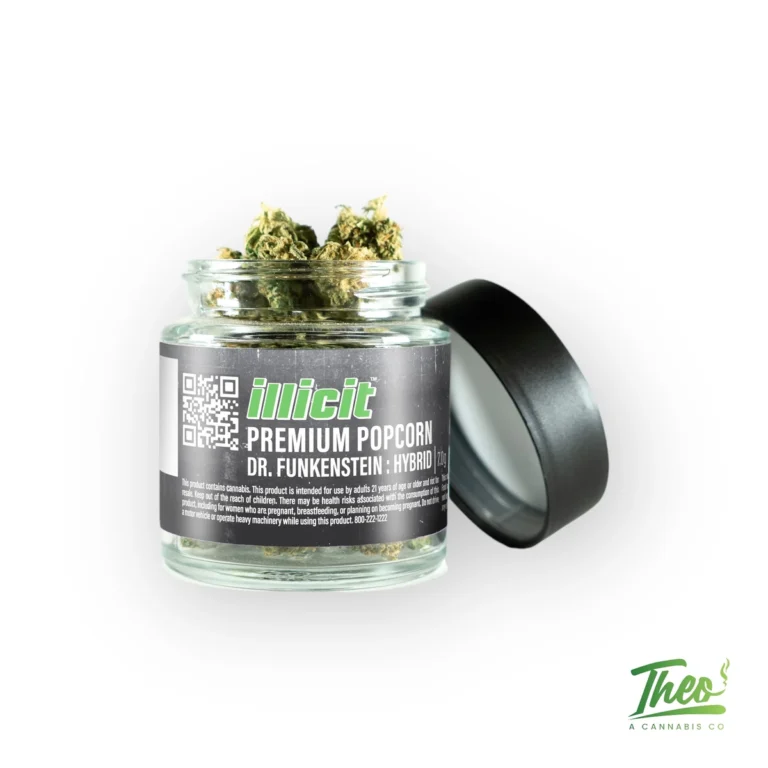Open glass jar of Illicit Dr. Funkenstein popcorn flower, 7g hybrid, at Theo