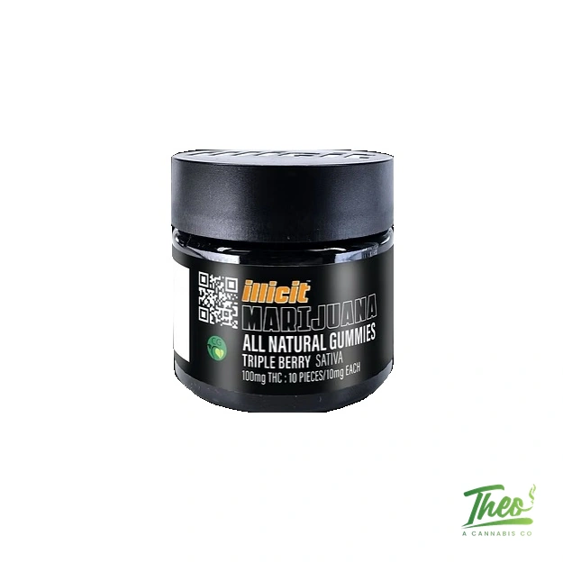 Black Illicit Triple Berry gummies jar, 100mg THC sativa, 10 pieces at 10mg each, at Theo