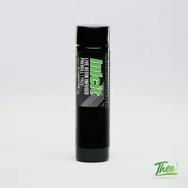 Black Illicit tube holding a 1g Dr. Funkenstein live resin infused pre-roll, sold at Theo Cannabis Co