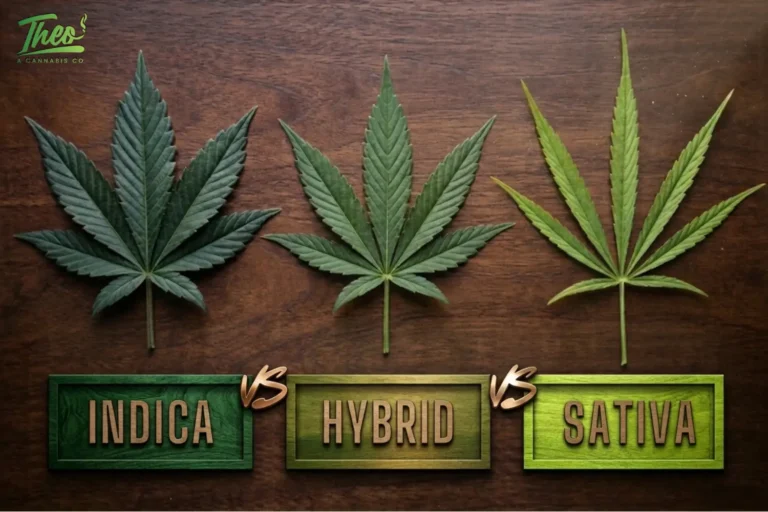 Three cannabis leaves compared side by side on wood, labeled Indica vs. Hybrid vs. Sativa, illustrating differences in leaf shape and structure between the three cannabis types