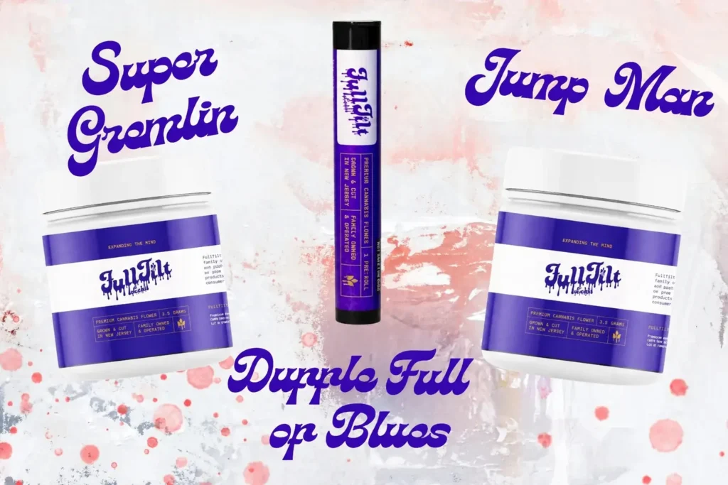 Full Tilt cannabis flower collage featuring Super Gremlin, Duffle Full of Blues, and Jump Man, purple and white branded jars and pre-roll on a painted pink and white background