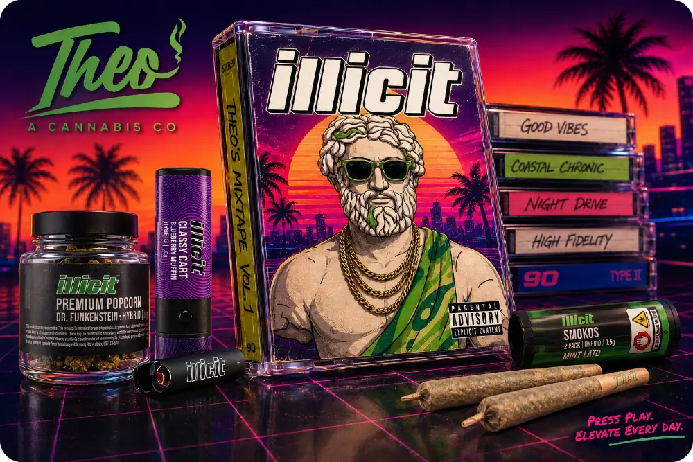 Retro 80s mixtape hero image for ILLICIT at Theo, featuring the Theophrastus bust in sunglasses and gold chains on a neon cityscape, surrounded by ILLICIT cannabis products.