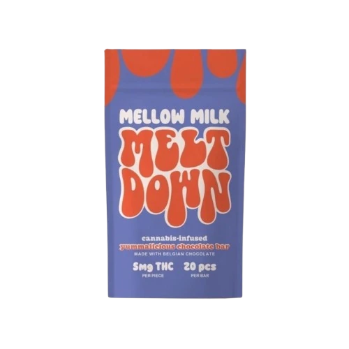 Mellow Milk Meltdown cannabis-infused chocolate bar package, purple pouch with bold orange wavy 'Melt Down' lettering and drip-pattern design, made with Belgian chocolate, 5mg THC per piece, 20 pieces per bar