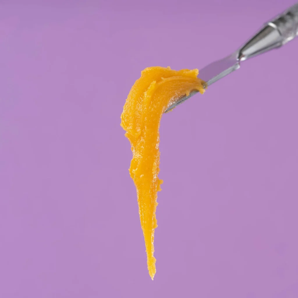 A dab tool lifting a whipped, badder-textured concentrate, a common texture in the live resin vs rosin comparison