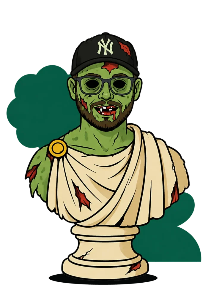 In a Yankees cap and glasses, budtender Nick appears as a bearded zombie bust on a classical pedestal