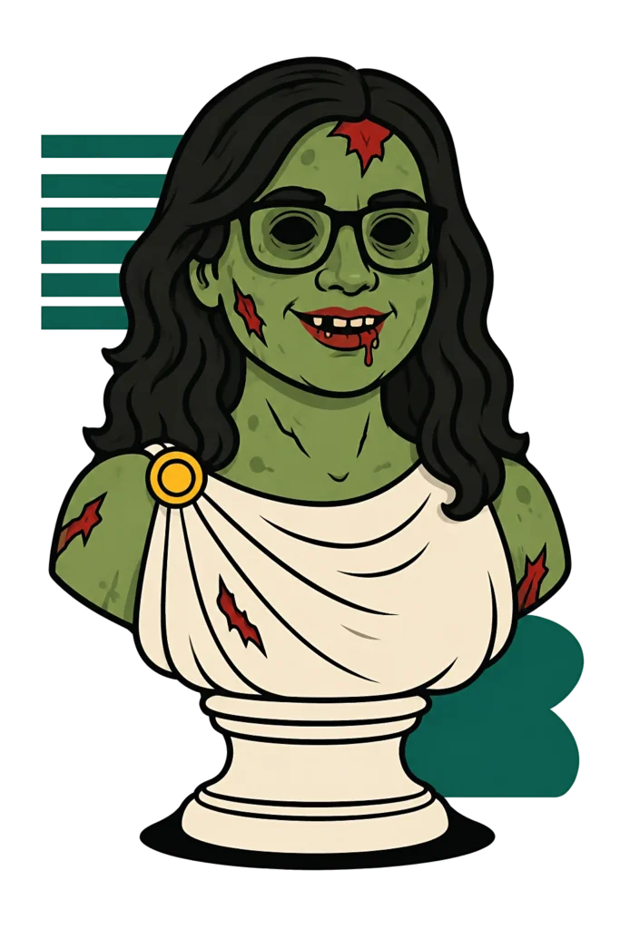 Theo budtender Rohita drawn as a Halloween zombie statue, wearing glasses and a draped toga, with long dark hair