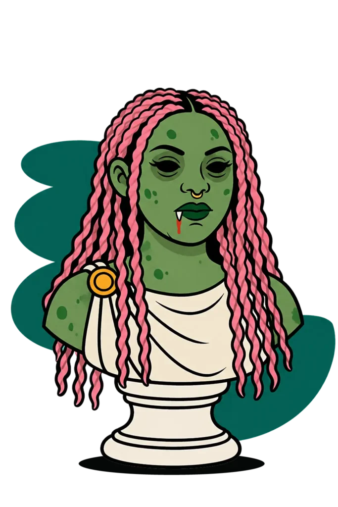 Cartoon zombie bust of Theo budtender Vanessa, with long pink braids, a nose ring, and tiny vampire fangs