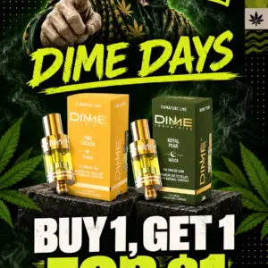 Theo Dime Days banner featuring Piña Colada and Royal Pear vape tanks. Buy one Dime Industries vape, get one for $1 on September 10, 20 and 30.