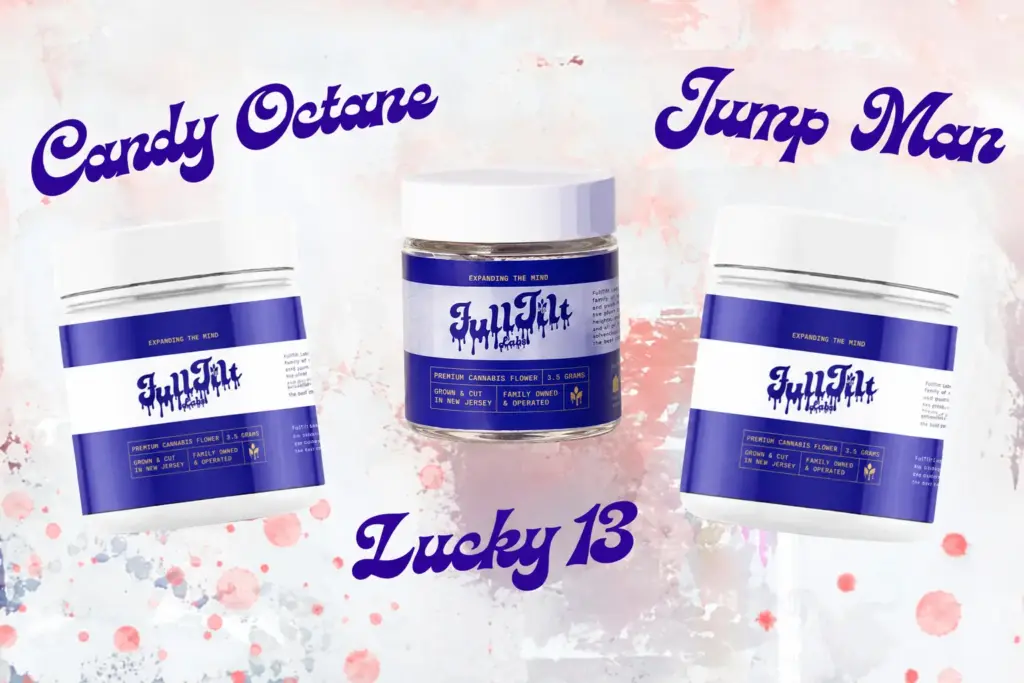 Three Full Tilt cannabis products displayed on a pink watercolor background: Candy Octane and Jump Man flower jars on the sides, a Lucky 13 jar in the center, each labeled in purple script.