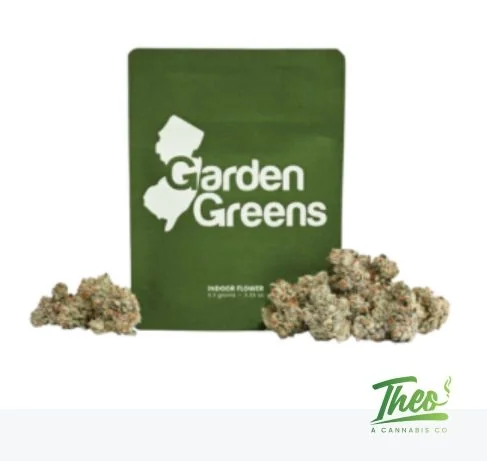 Garden Greens Red Hotz flower pouch featuring the New Jersey state outline logo, with loose cannabis buds displayed on either side. Sativa strain sold at Theo Cannabis Co.
