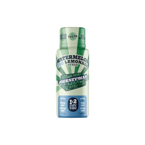 A bottle of Journeyman Watermelon Lemonade syrup with a green-striped label and a couch illustration