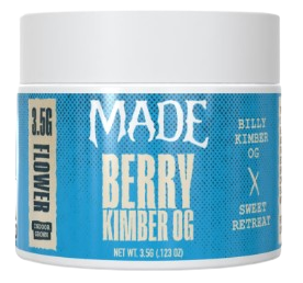 Blue jar of MADE Berry Kimber OG flower, a Billy Kimber OG and Sweet Retreat cross