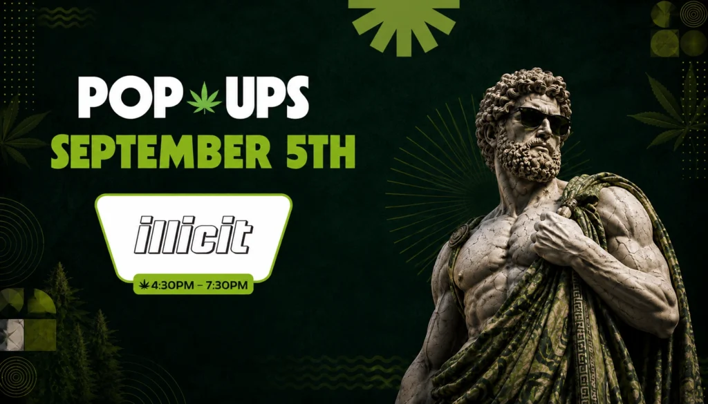 September 5th event flyer for illicit, 4:30PM–7:30PM, featuring a marble Roman statue wearing sunglasses and a green cannabis-patterned toga against a dark green background