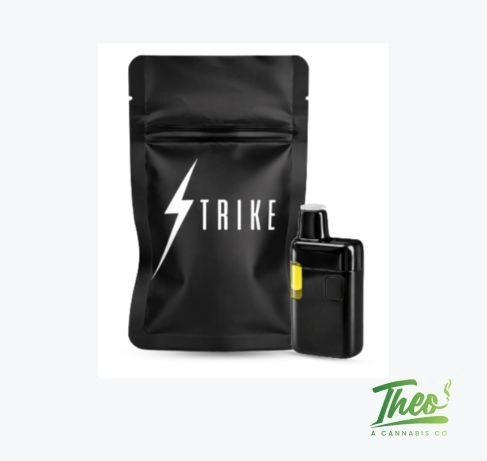 Black Strike-branded vape pouch and cartridge for Pineapple Express, an all-in-one hybrid cannabis vape available at Theo.