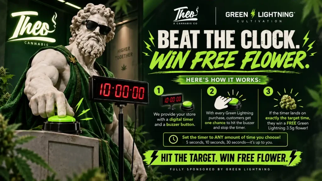 Split-panel instructional graphic showing a statue pressing a green buzzer beside a red digital countdown clock, with three numbered icons explaining the timer-and-buzzer game where hitting the exact target time wins free Green Lightning flower